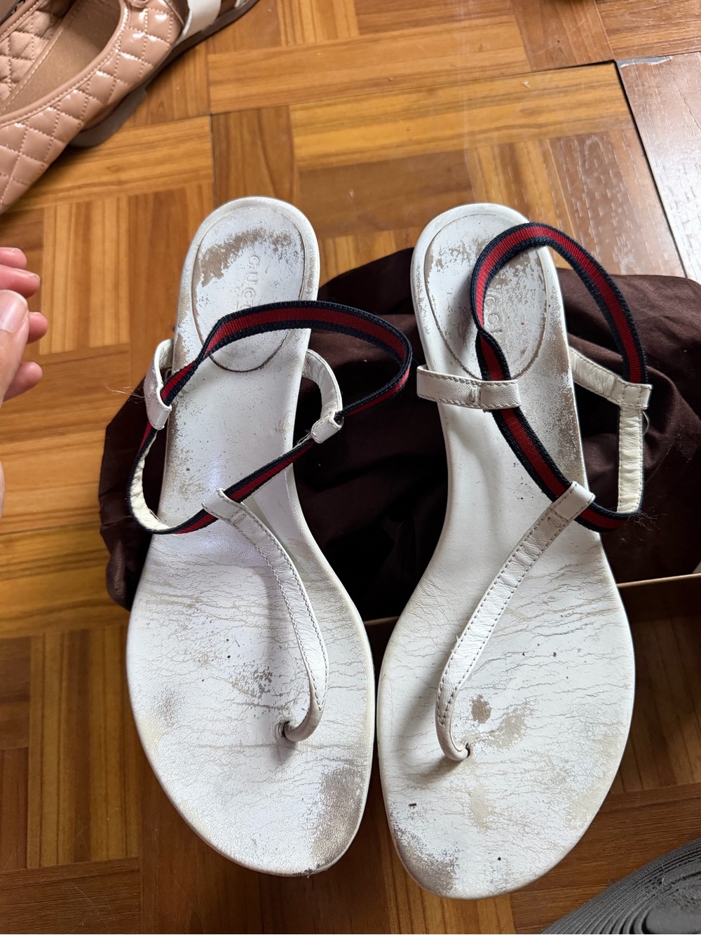 Gucci White Leather T-Strap Wedge Sandals with Red & Navy Webbing